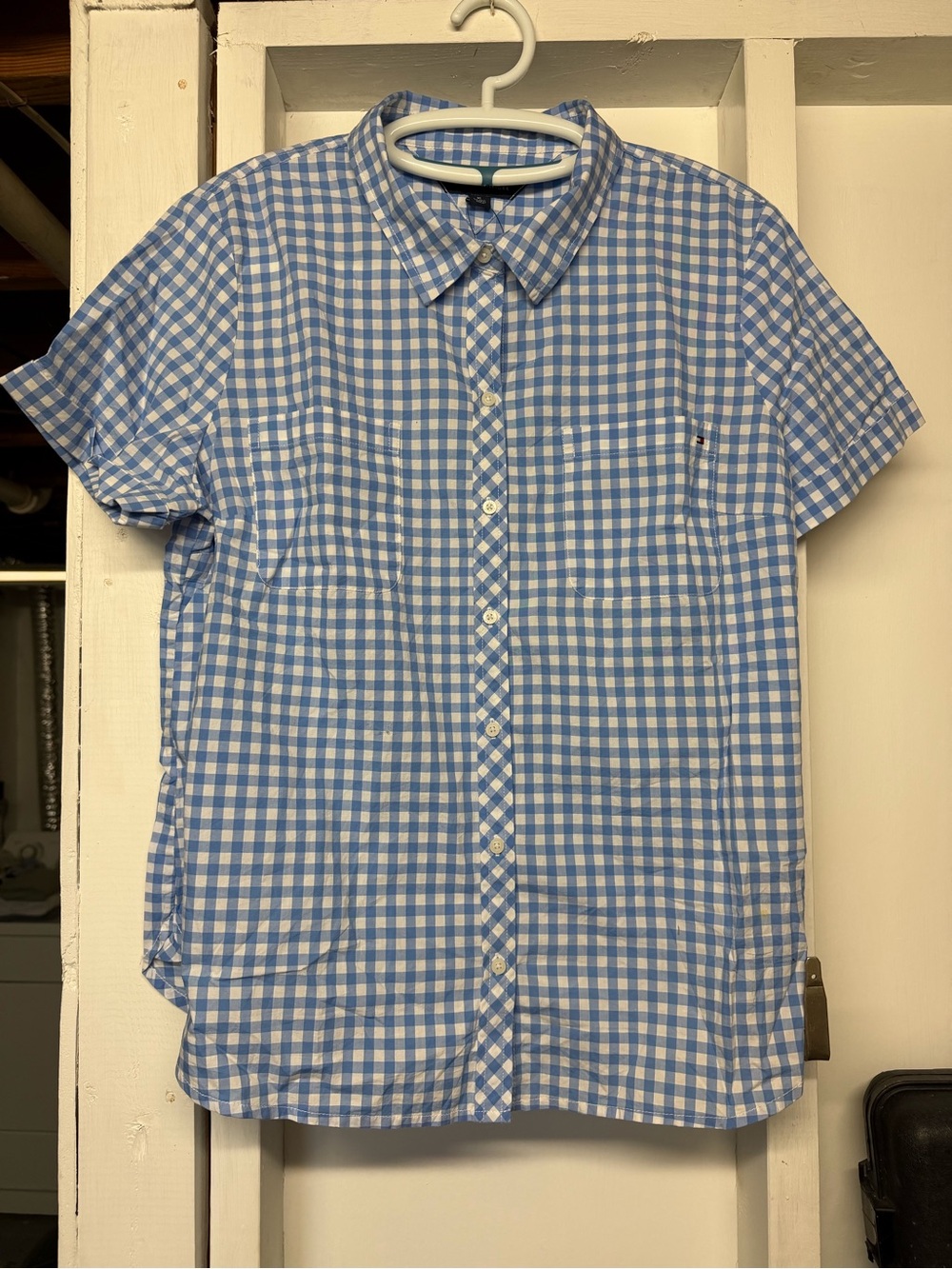 Tommy Hilfiger Blue and White Gingham Short-Sleeve Button-Down Shirt L NWT